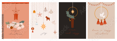 Merry Christmas or Happy New Year cute greeting cards set with holidays boho elements in scandinavian style. Cute hygge elements. Editable Vector illustration