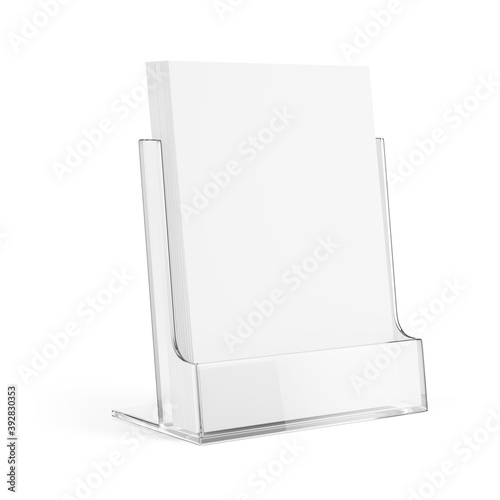 Glass Plastic Transparent Holder Stand with blank white paper isolated on white. 3d rendering mockup template photo