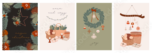 Merry Christmas or Happy New Year cute greeting cards set with holidays boho elements in scandinavian style. Cute hygge elements. Editable Vector illustration