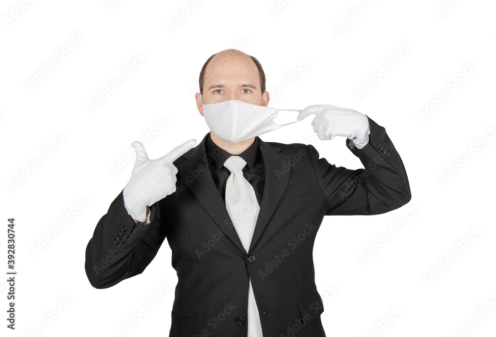 Business man with surgical medical virus protection white mask isolated. Business man with surgical medical virus protection white mask isolated.