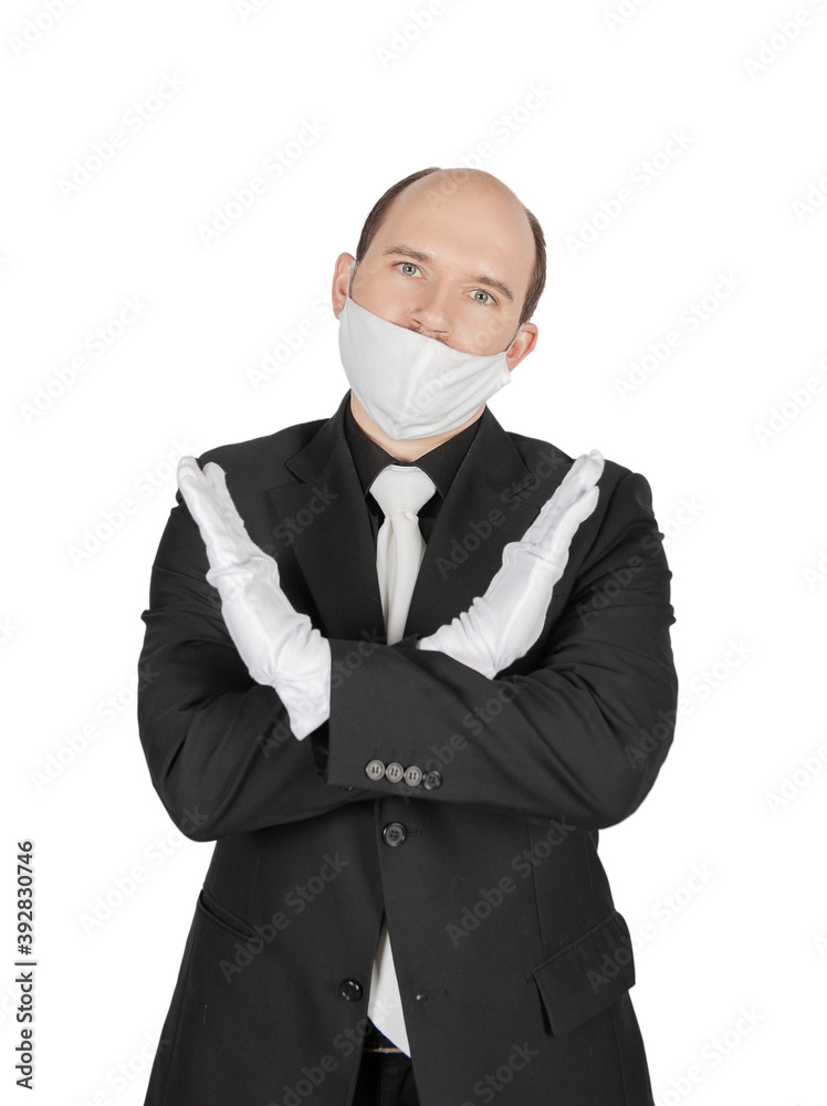 Business man wearing surgical medical virus protection white mask incorrect wrong way isolated on white. Business man wearing surgical medical virus protection white mask incorrect wrong way isolated on white.