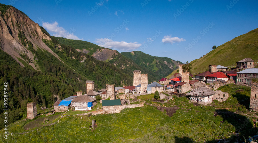 Village of Adishi in the Svaneti region of Georgia. Adishi was largely destroyed by an avalanche in 1987. It now serves as a stop in the popular Mestia to Ushguli trek.