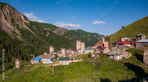 Village of Adishi in the Svaneti region of Georgia. Adishi was largely destroyed by an avalanche in 1987. It now serves as a stop in the popular Mestia to Ushguli trek.