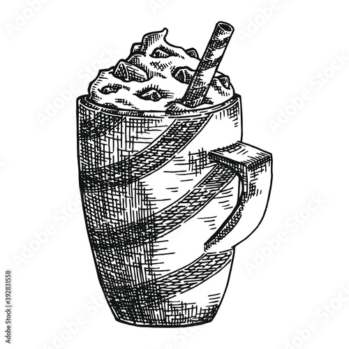 Hand drawn black and white crosshatch vector illustration of a cup of hot cocoa, with marshmallows on top. No background.
