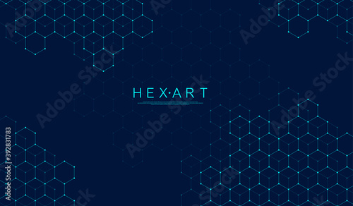 Technology abstract lines and dots connect background with hexagons. Hexagon grid. Hexagons connection digital data and big data concept. Hex digital data visualization. Vector illustration.