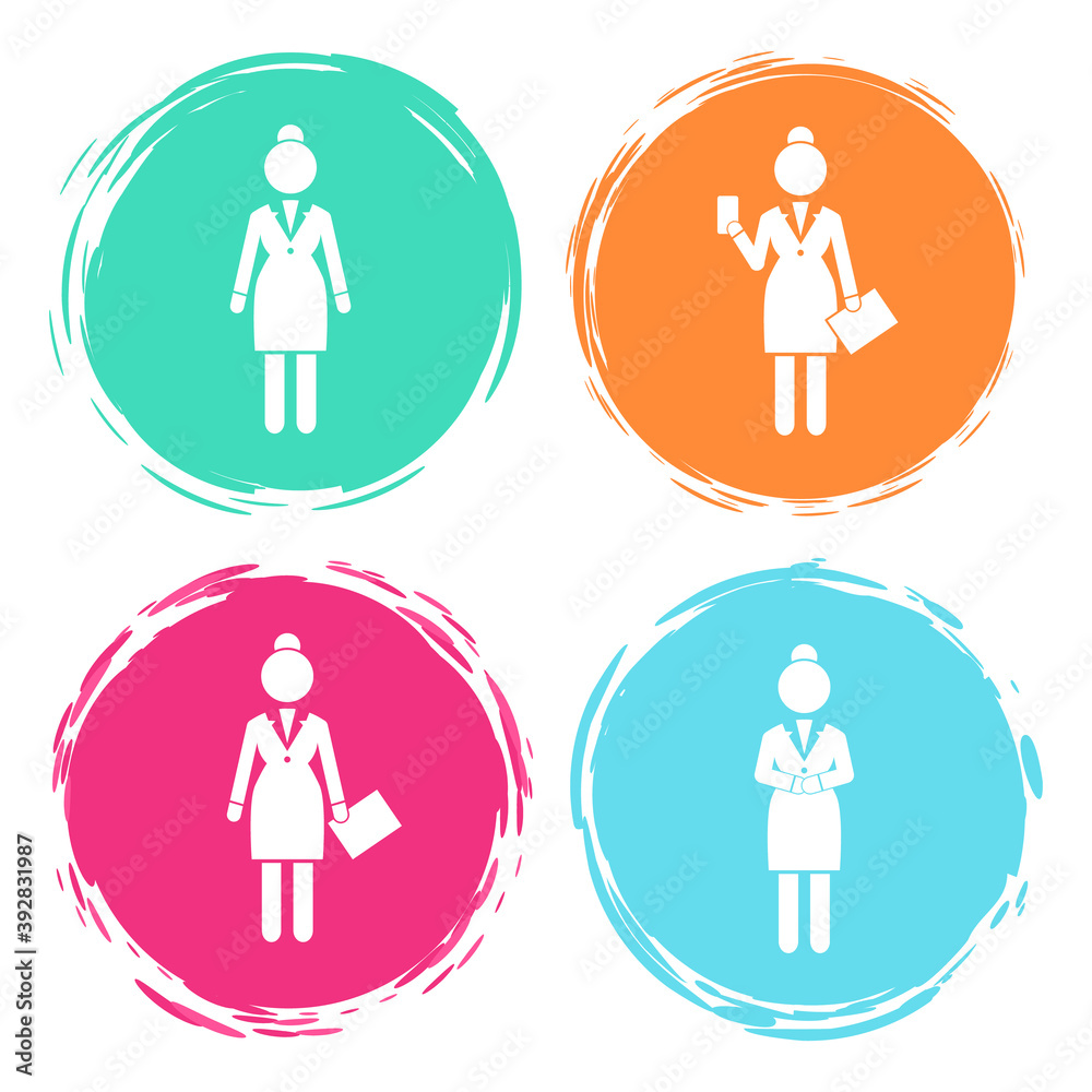 Set of business woman white silhouettes icons in round frames different colors. Women in action. Lady dressed formally full length. Businesswoman activities at work. Positions and actions of a person Set of business woman white silhouettes icons in round frames different colors. Women in action. Lady dressed formally full length. Businesswoman activities at work. Positions and actions of a person