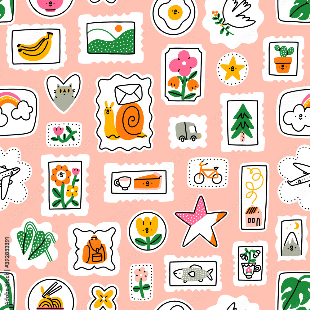 Awesome cartoon mail stamps collection, vector pattern