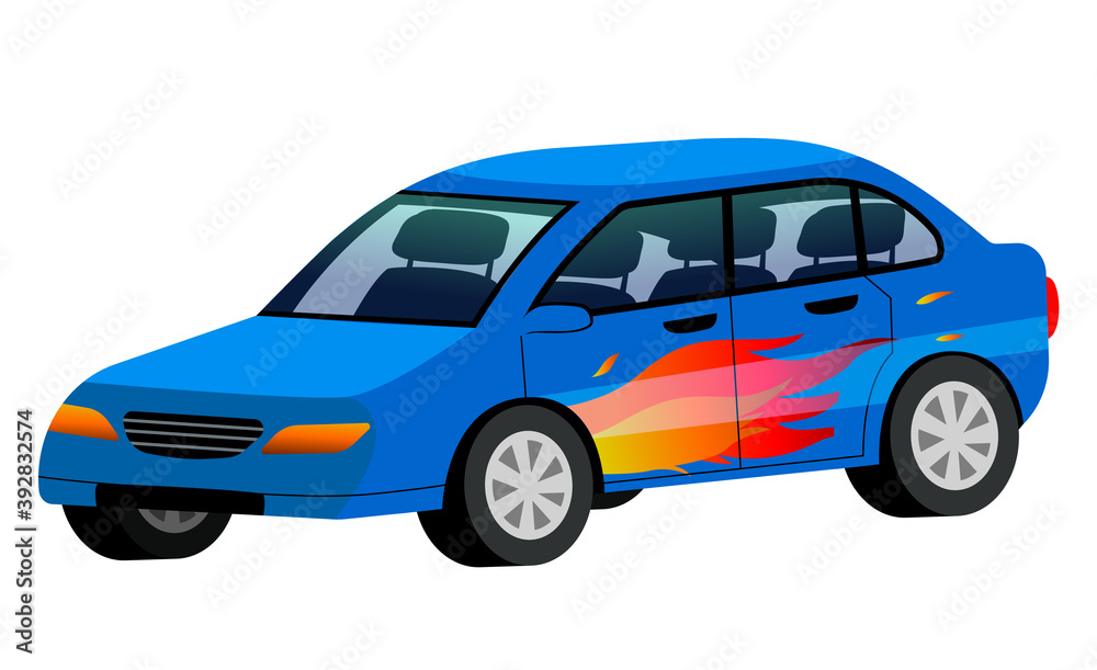 Naklejka premium Sports car racing on the highway isolated on white background. Blue car patterned flame of fire on a side door rides on the road flat vector illustration. Object from computer racing game side view