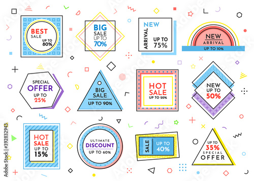Set of big sale banners. Discount poster template. Big sale special offer. End of season special proposition banner vector flat style. Best price advertising poster up to 90 with colored elements