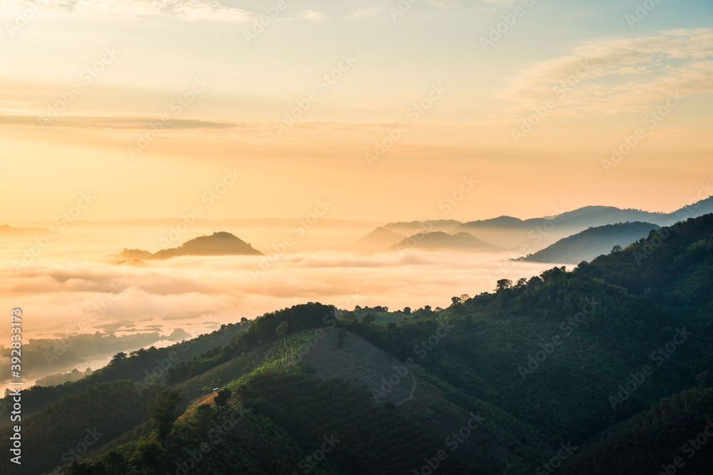 Sunrise and the mist in winter morning