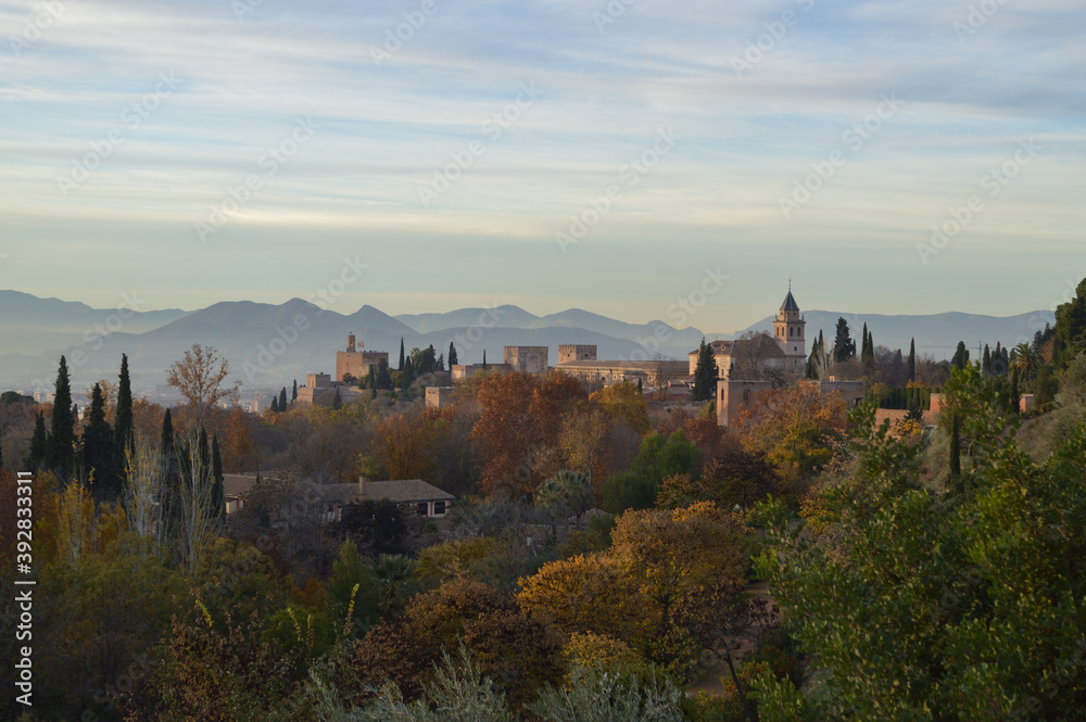 View onto Alhambra from Carmen de los Martires Park in Granada, Spain