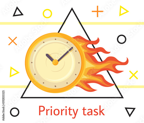 Priority task concept illustration with wall round yellow clock is ablaze with bright fire on white background with geometric elements. Time management, deadline business vector image with watch