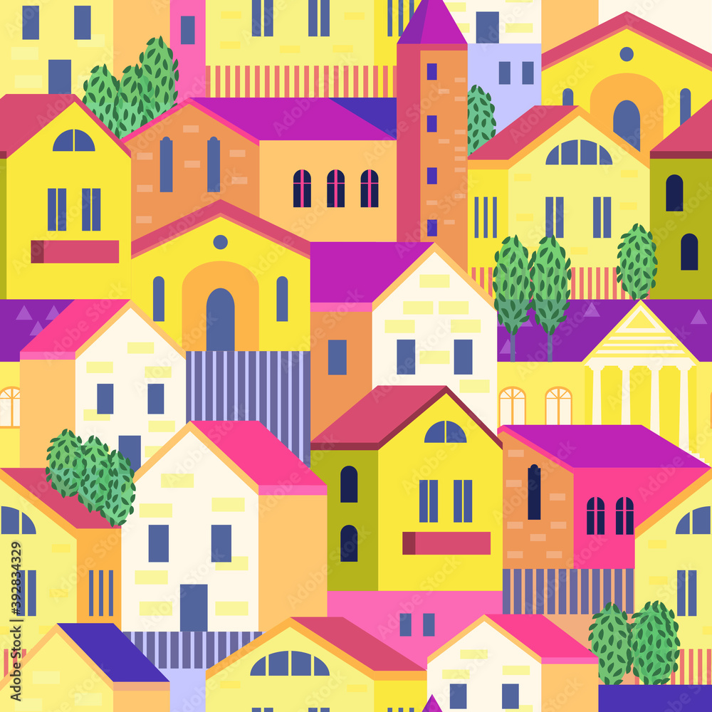 Seamless pattern with different stylized houses. Architectural background. Vector illustration.