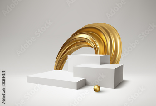 Background 3d white podium product and realistic golden swirl on the white background. Modern white cube podium, great design for any purposes. Vector illustration