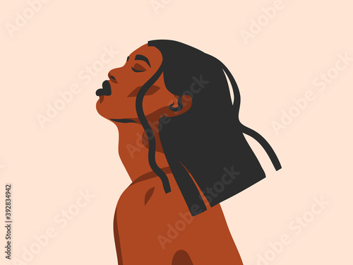 Hand drawn vector abstract stock flat graphic illustration with ethnic tribal black beautiful african american woman in simple style ,isolated on white background