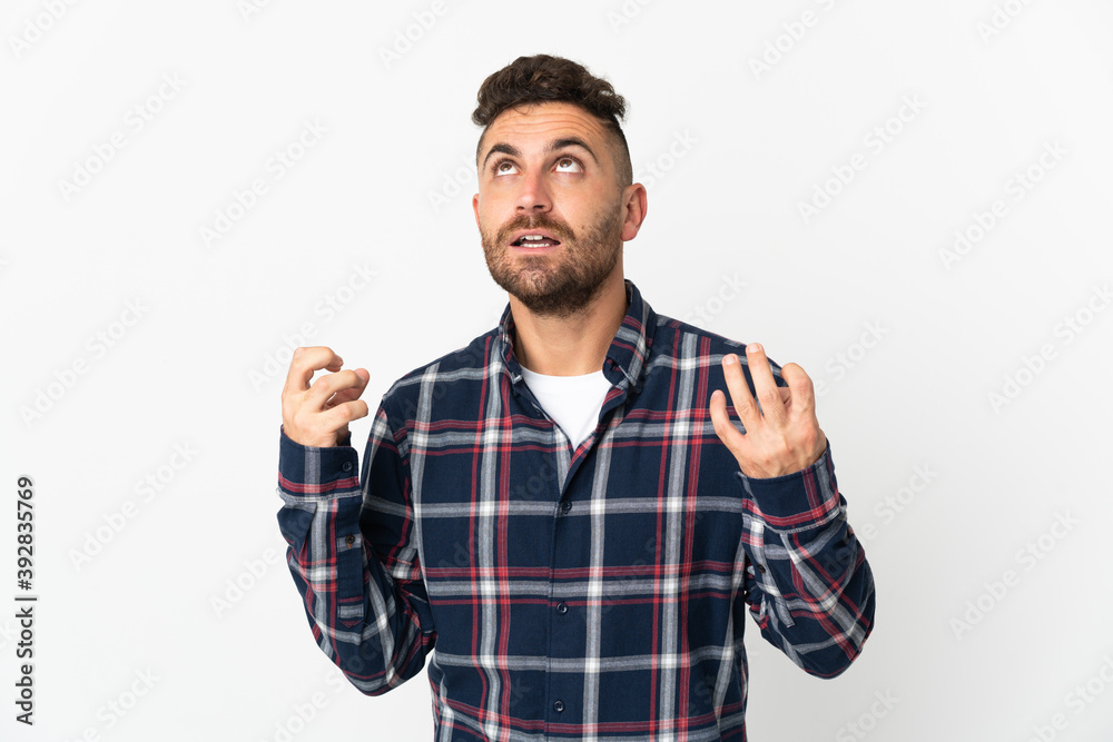 Caucasian man isolated on white background stressed overwhelmed Caucasian man isolated on white background stressed overwhelmed