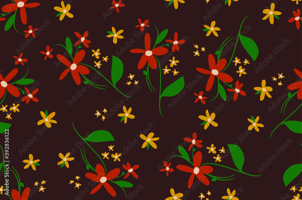 Abstract Hand Drawing Spring Ditsy Flowers and Leaves Repeating Vector Pattern Isolated Background