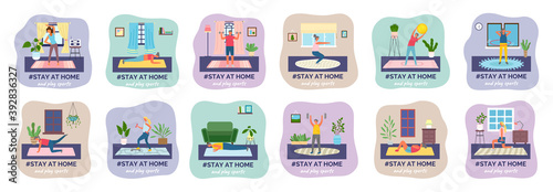 Set of stay home activities. Play different kind of sports. Fitness, sport, athletics, training. I stay at home awareness social media campaign and coronavirus prevention. Flat image illustration