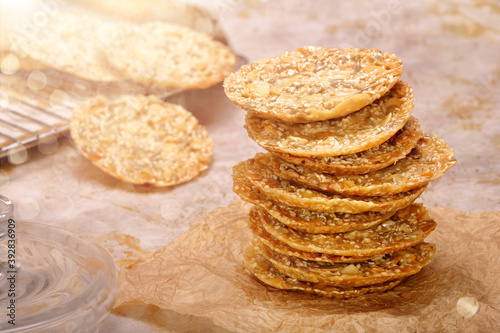 Shortbread cookies with sesame seeds and empty space for text