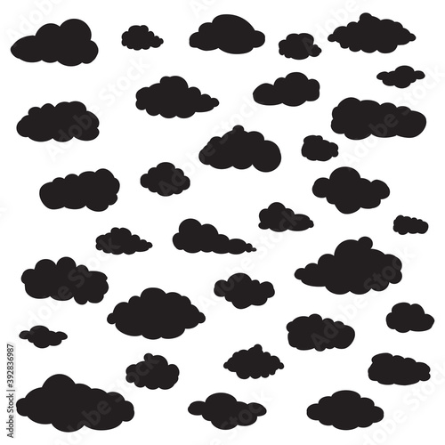 Black cartoon clouds set isolated on white background. Collection of different cartoon clouds for background template, wallpaper and sky design. Cartoon clouds vector. Sky illustration