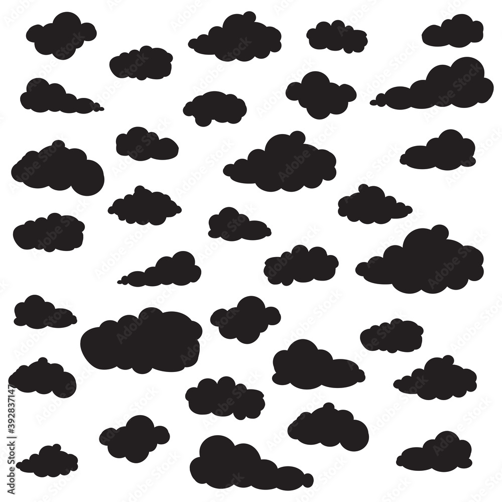 Black cartoon clouds set isolated on white background. Collection of different cartoon clouds for background template, wallpaper and sky design. Cartoon clouds vector. Sky illustration Black cartoon clouds set isolated on white background. Collection of different cartoon clouds for background template, wallpaper and sky design. Cartoon clouds vector. Sky illustration