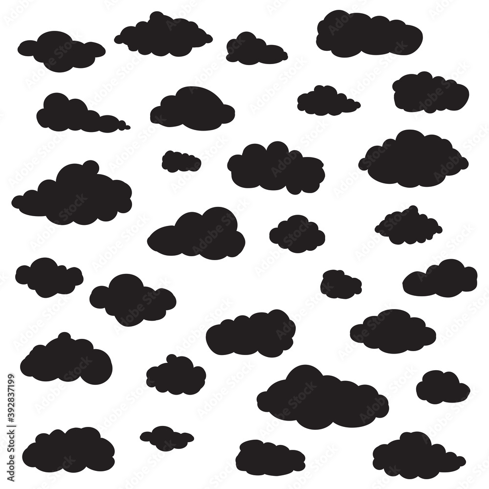 Black cartoon clouds set isolated on white background. Collection of different cartoon clouds for background template, wallpaper and sky design. Cartoon clouds vector. Sky illustration Black cartoon clouds set isolated on white background. Collection of different cartoon clouds for background template, wallpaper and sky design. Cartoon clouds vector. Sky illustration