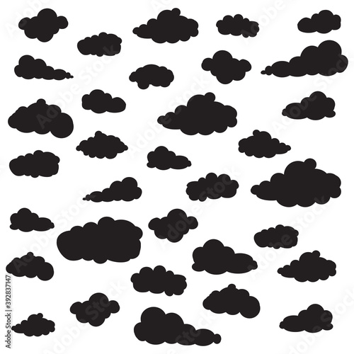 Black cartoon clouds set isolated on white background. Collection of different cartoon clouds for background template, wallpaper and sky design. Cartoon clouds vector. Sky illustration