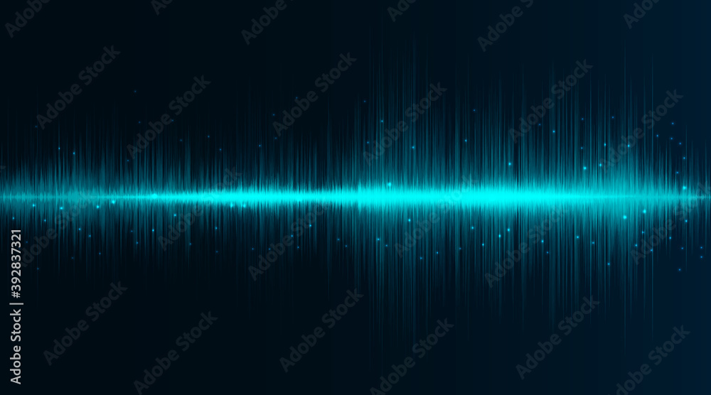 Sound wave neon flash lines in turquoise and blue on gradient background