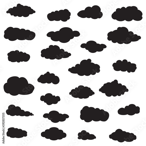 Black cartoon clouds set isolated on white background. Collection of different cartoon clouds for background template, wallpaper and sky design. Cartoon clouds vector. Sky illustration