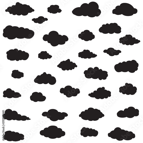 Black cartoon clouds set isolated on white background. Collection of different cartoon clouds for background template, wallpaper and sky design. Cartoon clouds vector. Sky illustration