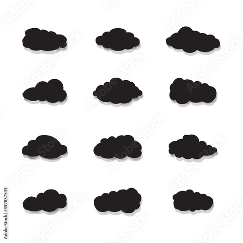 Black cartoon clouds set isolated on white background. Collection of different cartoon clouds for background template, wallpaper and sky design. Cartoon clouds vector. Sky illustration