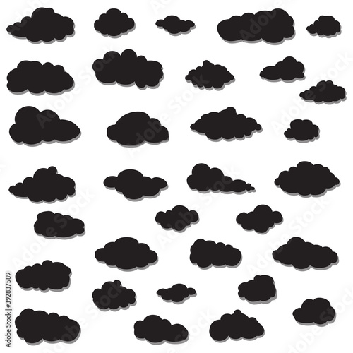 Black cartoon clouds set isolated on white background. Collection of different cartoon clouds for background template, wallpaper and sky design. Cartoon clouds vector. Sky illustration