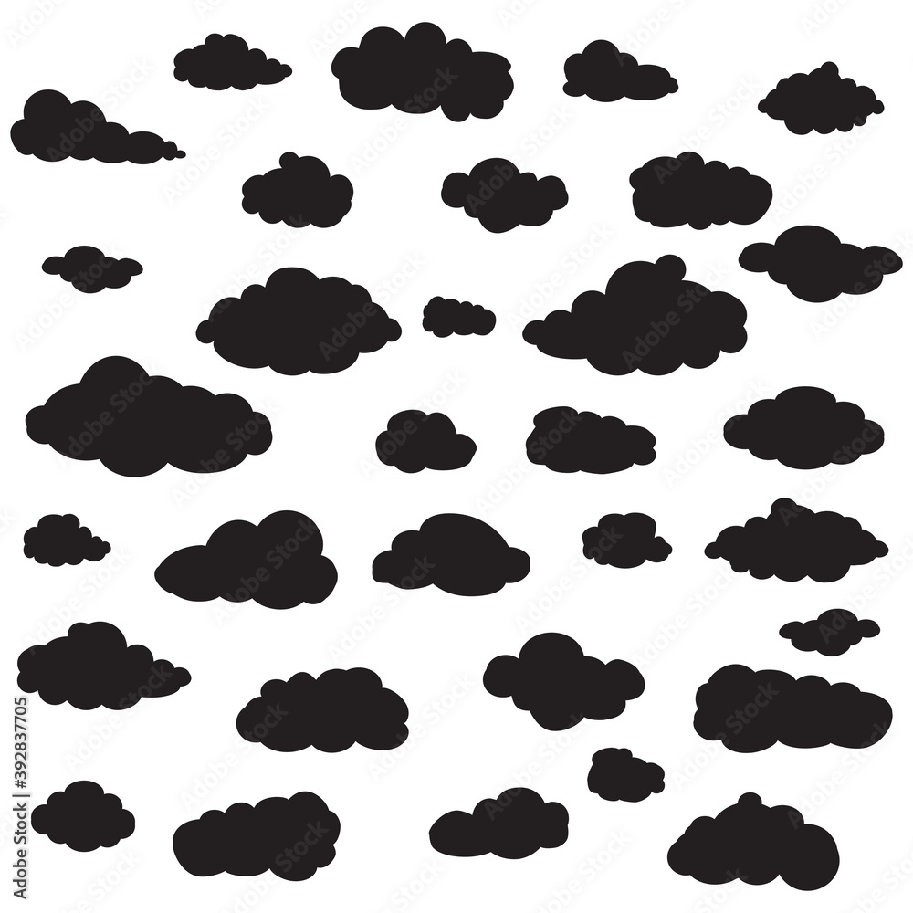Black cartoon clouds set isolated on white background. Collection of different cartoon clouds for background template, wallpaper and sky design. Cartoon clouds vector. Sky illustration Black cartoon clouds set isolated on white background. Collection of different cartoon clouds for background template, wallpaper and sky design. Cartoon clouds vector. Sky illustration