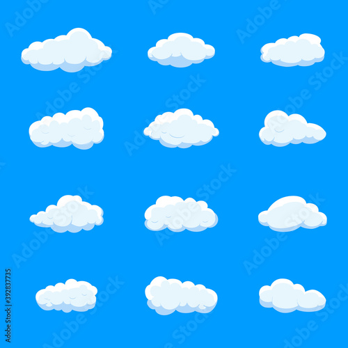 White cartoon clouds set isolated on blue background. Collection of different cartoon clouds for background template, wallpaper and sky design. Cartoon clouds vector. Sky illustration