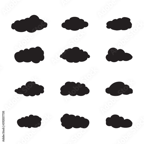 Black cartoon clouds set isolated on white background. Collection of different cartoon clouds for background template, wallpaper and sky design. Cartoon clouds vector. Sky illustration