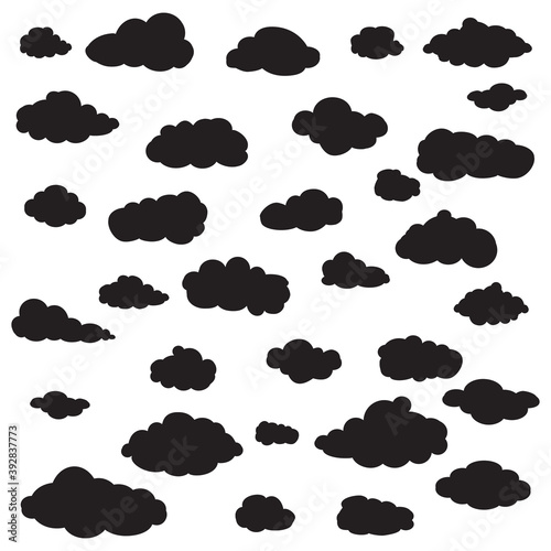 Black cartoon clouds set isolated on white background. Collection of different cartoon clouds for background template, wallpaper and sky design. Cartoon clouds vector. Sky illustration