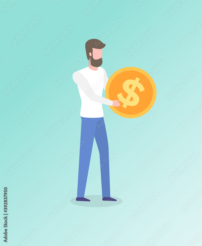 Man with golden coin in hands isolated cartoon character. Vector male making investments, increasing income and financial profit, dollar sign on money Man with golden coin in hands isolated cartoon character. Vector male making investments, increasing income and financial profit, dollar sign on money