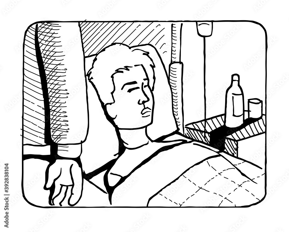Visiting a sleeping man lying in bed in a hospital room with a IV drip ...