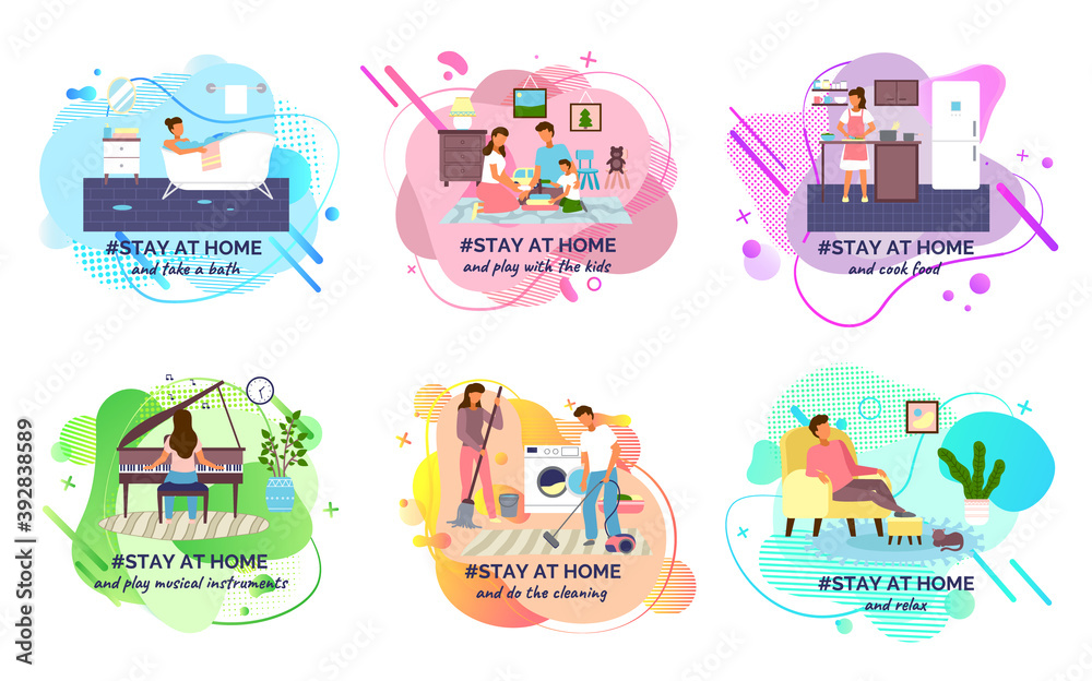 Set of hashtag images Stay home. People do different things while at home. Married couple cleaning apartment, girl taking bath, woman cooking in kitchen, girl playing the piano, playing with children