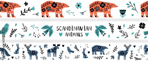 Scandinavian banners. Nordic wild animals, doodle floral elements seamless pattern. Childish hipster modern decorative vector elements
