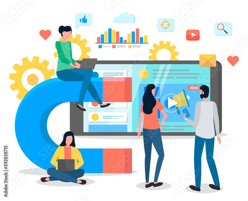 Attracting online customers. Big magnet and people with laptop around. Customer retention strategy, digital inbound marketing, customer attraction banner. Team work and discussion, project management