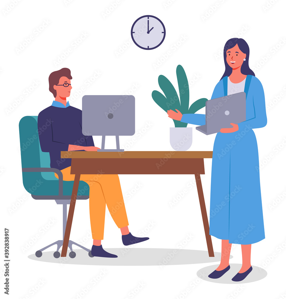 Woman standing with laptop, man wears glasses at table with monitor. Pot plant. Office meeting. Employees, colleagues or office staff. Communicate and work. Flat vector image isolated on white