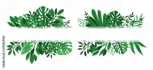 Tropical leaves banners. Green plants borders, exotic leaf decoration elements for invitation, wedding cards vector set