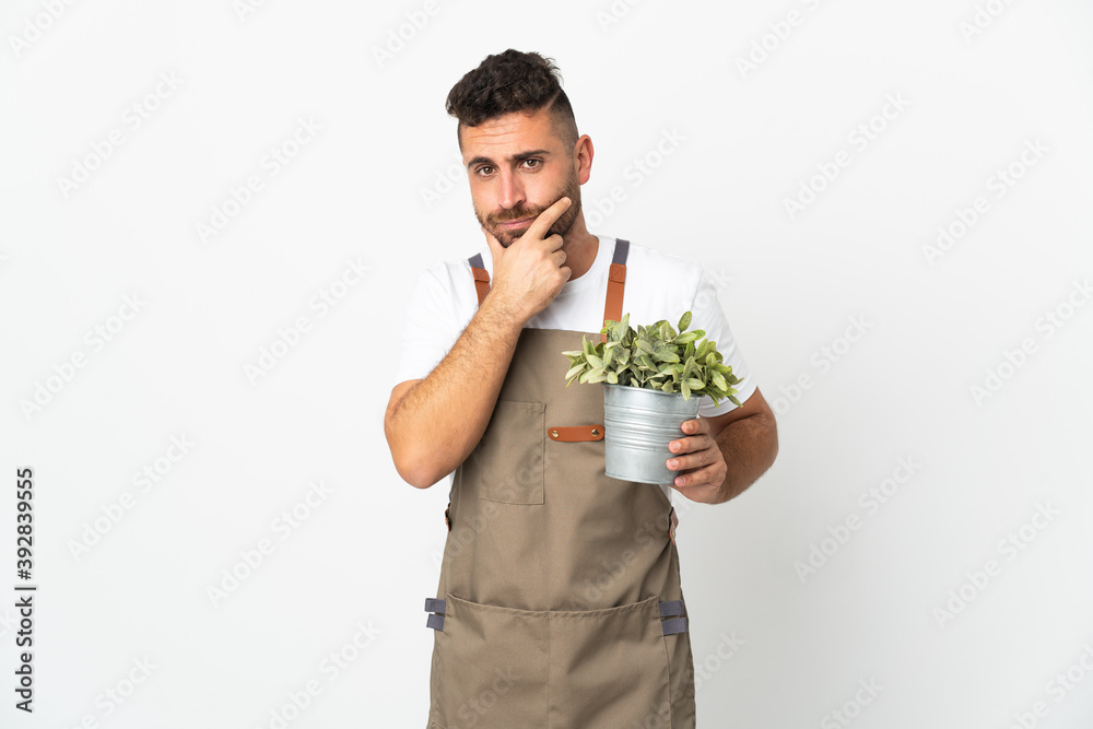 Gardener man holding a plant over isolated white background thinking Gardener man holding a plant over isolated white background thinking