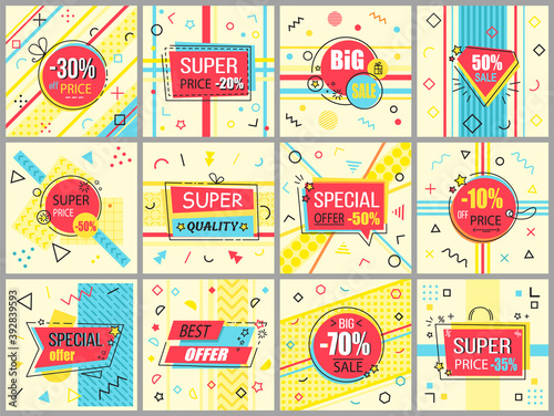 Set of big sale banners. Discount poster template. Big sale special offer. End of season special proposition banner vector flat style. Best price advertising poster with percent and colorful elements