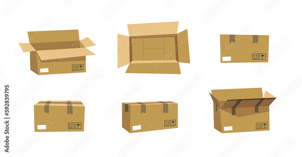 Carton Open and Closed Recycling Boxes Set. Cartoon Style Illustration Delivery Packaging. Flat Graphic Design Forwarding Clip Art. Vector Collection Mockup Isolated on White Background Carton Open and Closed Recycling Boxes Set. Cartoon Style Illustration Delivery Packaging. Flat Graphic Design Forwarding Clip Art. Vector Collection Mockup Isolated on White Background