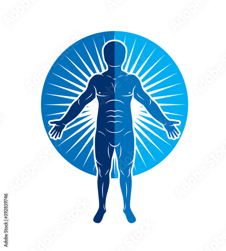 Vector graphic illustration of strong male, body silhouette stands on starburst background. Human as the unique creation of the universe.