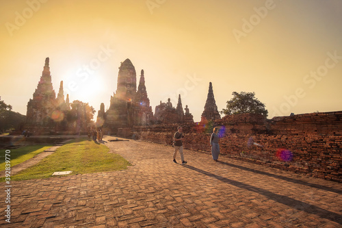 Beautiful sunset ancient stupa in Wat Chaiwatthanaram temple in Ayutthaya Historical Park, a UNESCO world heritage site in Thailand. Ayutthaya, Thailand, 14 November 2020