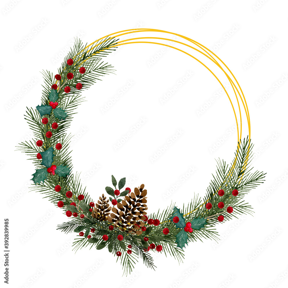 Festive Christmas golden frame with pine cones, fir tree, holly and berries, watercolor traditional Christmas wreath decoration isolated on white