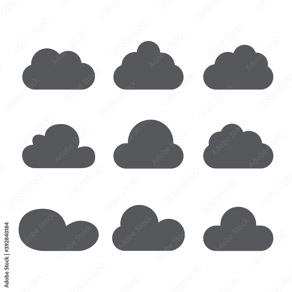 Black cartoon clouds set isolated on white background. Collection of